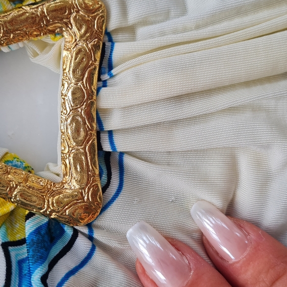 Roberto Cavalli Dress Signed Vibrant Blue and Yellow Mini Gold Buckle Neck Tie S - Picture 3 of 8